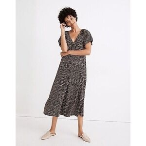 NWT Madewell Bubble-Sleeve Floral Midi Dress Button-Front Womens Black Size XXS
